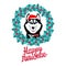 Vector Card Husky in the cap of santa. Round wreath from Mistletoe