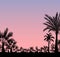 Vector card with realistic palm trees silhouette on tropical grunge pink sunset or sunrise