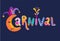 Vector Carnival Lettering logotype badge, crescent, hat. Masquerade poster, greeting card, Festive Carnaval party Banner