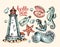 Vector cartoon adventure set with lighthouse, anchor, bottle, wa