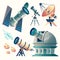 Vector cartoon astronomy set. Astronomical telescopes - radio, orbital