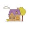 Vector cartoon asymmetrical house with purple roof icon. Vector house with turf and bushes near the house icon