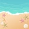 Vector cartoon background with gradient. Top view of the sunny beach by the sea or ocean. Sunny landscape. Shells of different