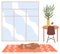 Vector cartoon background of living room with window and a brown dog lying on the carpet