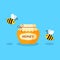 Vector cartoon bees flying around a brimful jar of honey