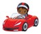 Vector Cartoon Black Boy Driving Racing Car