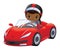 Vector Cartoon Black Boy Driving Racing Car. Vector Formula 1