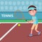 Vector cartoon boy playing tennis on the court