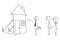 Vector Cartoon of Businessman or Real Estate Broker or Realtor Offering Fake Mock-up Family House .