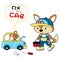 Vector cartoon of car repair shop with funny mechanic