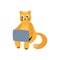 Vector cartoon cat sitting with laptop at knees