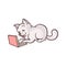 Vector cartoon cat sitting with laptop at knees