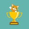 Vector cartoon character cute tabby cat with gold trophy cup award