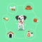 Vector cartoon character dalmatian dog and accessories