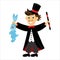 Vector cartoon character magician holding a magic wand and a rabbit