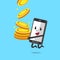 Vector cartoon character smartphone with big coins stack