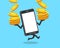 Vector cartoon character smartphone with big money coins stack