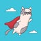 Vector cartoon character super cat flying on sky. Doodle funny cat in suit superhero in blue background. Cat power print