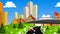 Vector cartoon city and highway with cars