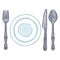 Vector Cartoon Color Dining Set - Vintage Silver Fork, Knife, Spoon and Porcelain Plates