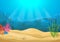 Vector cartoon colorful underwater landscape with sea plants and corals