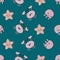 Vector cartoon crab seamless pattern background. Happy crustacean, starfish, jellyfish teal pink backdrop. Marine