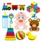 A Vector Cartoon Cute Baby And Different Toys And Objects