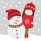 Vector cartoon of cute girl and snowman on snow fall background