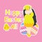 Vector cartoon of cute girl wear chick custom and colorful egg