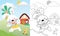 Vector cartoon of cute rabbit chasing duckling on rural view background