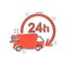 Vector cartoon delivery truck 24h icon in comic style. 24 hours