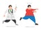 Vector cartoon doctor man with stethoscope and running, holding