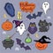 Vector cartoon drawing Halloween character elements, vampire grave, pumpkin wearing witch hat, cat, violet owl, bats, pot