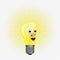 Vector cartoon electric lamp bulb with funny smily face and bright glow rays around. Realistic lamp vector cartoon illustration on