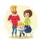 Vector cartoon family in casual clothes. Boy jumping and laughing. Funny emotional characters design