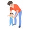 Vector cartoon father teaching his son to walk