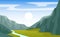 Vector cartoon field landscape of summer meadows, vegetation, mountains, river