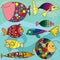Vector cartoon fishes in different colors