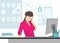 Vector cartoon flat illustration of asian business woman working at office on desk in room Talking on the phone with clients for
