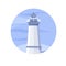 Vector cartoon flat lighthouse Searchlight towers for maritime navigational guidance in circle on the white background