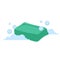 Vector cartoon flat style green rectangular soap vector icon. Blue bubbles. Stylized bath accessories