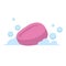 Vector cartoon flat style pink oval soap vector icon. Blue bubbles. Stylized bath accessories