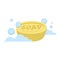 Vector cartoon flat style yellow oval soap vector icon. Blue bubbles. Stylized bath accessories