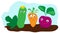 Vector cartoon fresh funny beetroot, cucumber, carrot on a garden bed