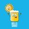 Vector cartoon funky beer glass character and summer sun isolated on blue background. Hello summer text and funky beer