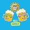 Vector cartoon funky beer glass character and summer sun isolated on blue background. Hello summer text and funky beer