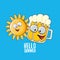 Vector cartoon funky beer glass character and summer sun isolated on blue background. Hello summer text and funky beer