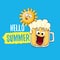 Vector cartoon funky beer glass character and summer sun isolated on blue background. Hello summer text and funky beer