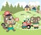 Vector cartoon of funny animals playing with steam train in countryside