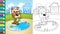 Vector cartoon of funny bear in swimming pool with frog and fish on building background, coloring book or page